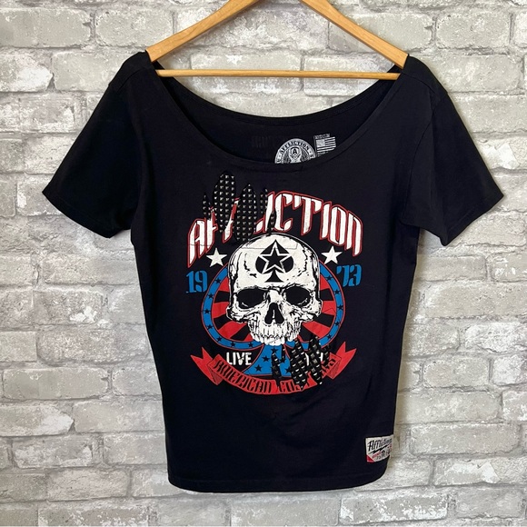 Affliction Women's Medium Skull Studded Distressed Graphic Tshirt. Scoop Neck. - Picture 1 of 8